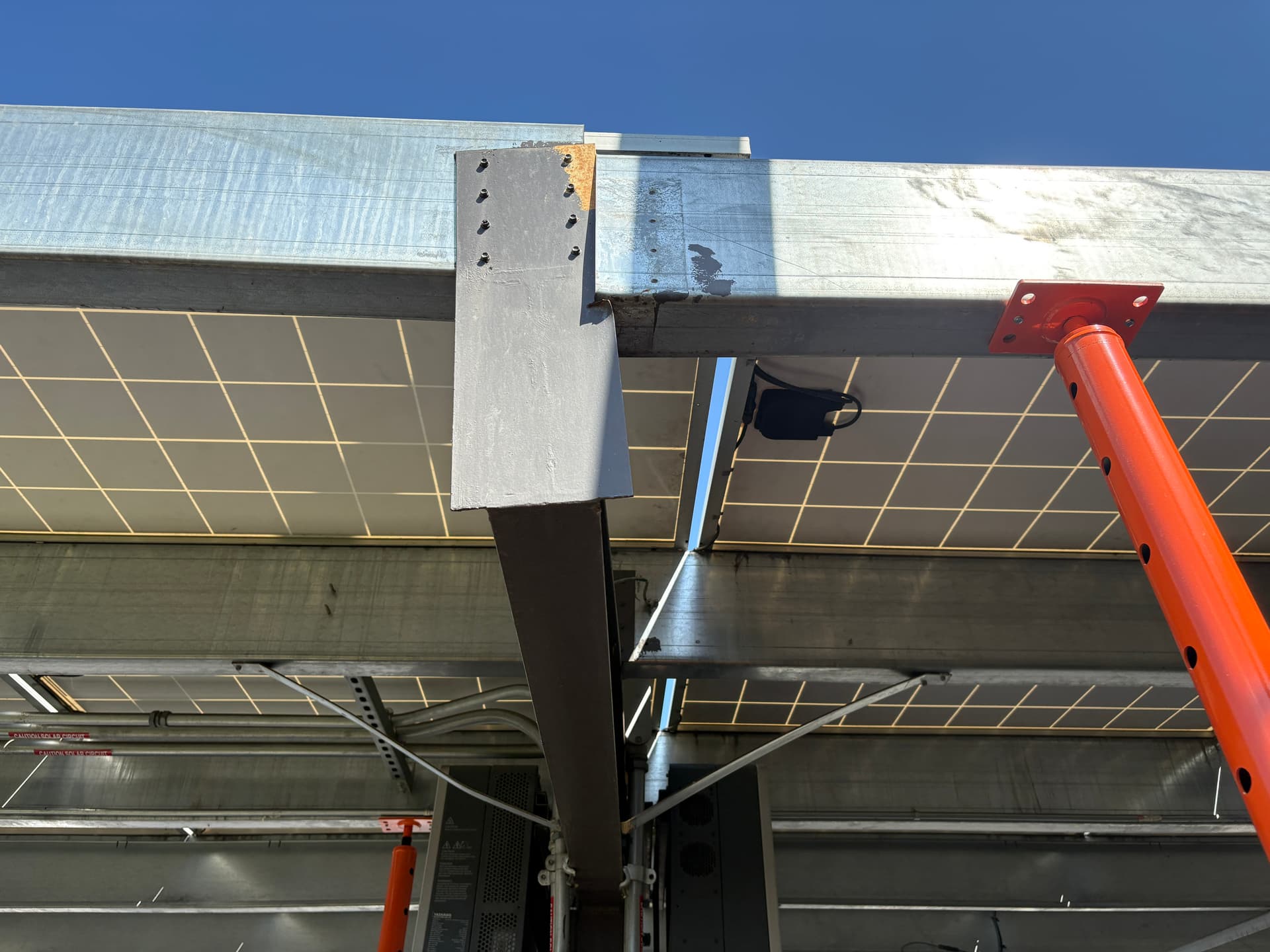 Carport rear structural bracing damage identified during solar O&M inspection