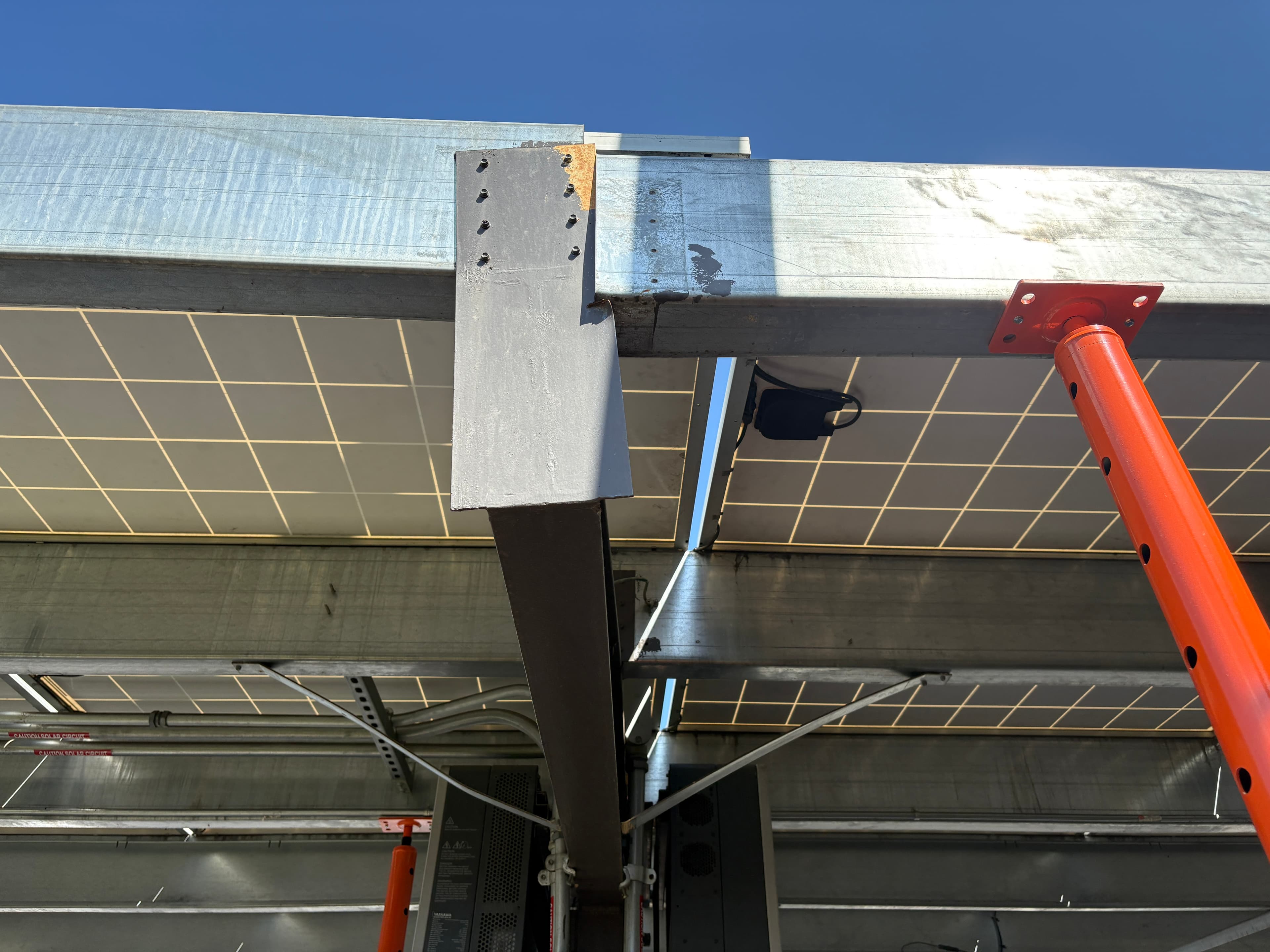 Carport rear structural bracing damage identified during solar O&M inspection